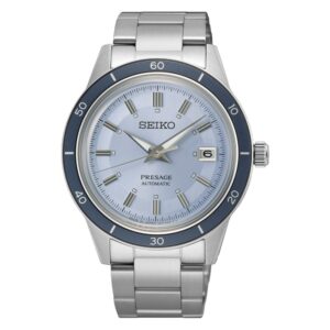 Questa è l'immagine frontale dell'orologio seiko presage style 60' in edizione limitata a 3000 pezzi, con quadrante azzurro e secondo cinturino in tessuto nella scatola