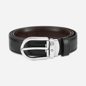 Questa è l'immagine frontale della cintura di montblanc reversibile in pelle nera e marrone lucida con fibbia ad ardiglione h 30 mm