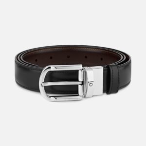 Questa è l'immagine frontale della cintura reversibile in pelle nera e marrone di montblanc con fibbia a ferro di cavallo con altezza 30 mm