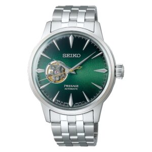 Questa è l'immagine frontale dell'orologio seiko presage cocktail con quadrante verde e movimento a vista dedicato al cocktail Grasshopper