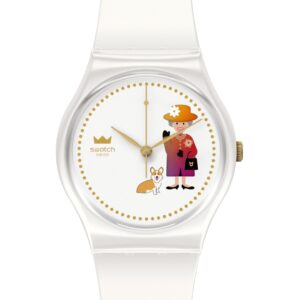 QUESTA è L'IMMAGINE FRONTALE DELL'OROLOGIO SWATCH HOW MAJESTIC DEDICATO AI 70 ANNI DEL REGNO DELLA REGINA