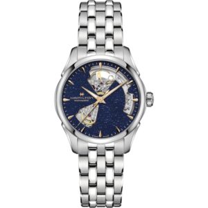 Questa è l'immagine frontale dell'orologio hamilton jazzmaster open heart lady con quadrante blu notte e cassa di mm 36