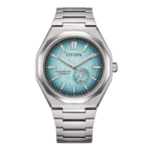Questa è l'immagine frontale dell'orologio citizen zenshin 60 in super titanio con quadrante di colore azzurro e movimento automatico