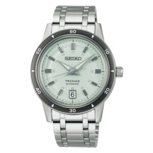 Questa è l'immagine frontale dell'orologio seiko presage style' 60 con quadrante di colore verde acqua e mocimento automatico. Il diametro della cassa è di mm 39.5
