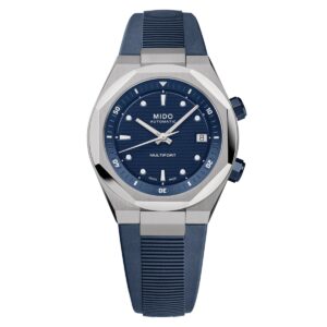 questa è l'immagine frontale dell'orologio mido multifort 8 two crowns blu con cinturino in silicone blu