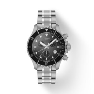 Questa è l'immagine frontale dell'orologio tissot seastar 1000 quarzo chrono con quadrante grigio sfumato di mm 38