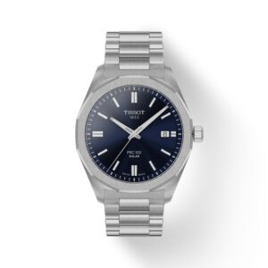 Questa è l'immagine frontale dell'orologio tissot prc 100 solar quarzo con quadrante di colore blu e cassa di mm 39