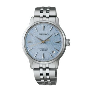 Questa è l'immagine frontale dell'orologio seiko presage cocktail nella colorazione azzurro con quadrante di mm 34