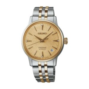 Questa è l'immagine frontale dell'orologio seiko presage cocktail nella colorazione dorata con quadrante di mm 34