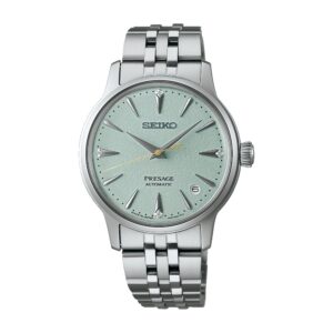 Questa è l'immagine frontale dell'orologio seiko presage cocktail nella colorazione verde chiaro con quadrante di mm 34