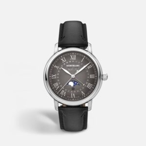 Questa è l'immagine frontale dell'orologio montblanc Star Legacy Full Calendar con quadrante di mm 42 e cinturino di pelle