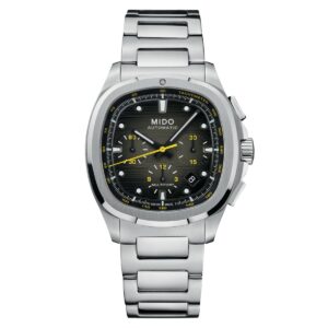 Questa è l'immagine frontale dell'orologio mido tv multifort chronograph con quadrante di colore grigio sfumato con indici gialli