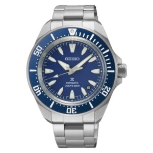 Questa è l'immagine frontale dell'orologio seiko prospex slim samurai con quadrante di colore blu