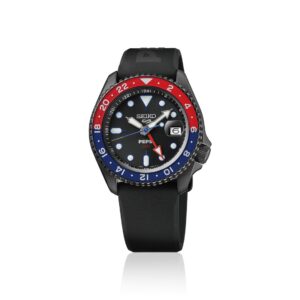 Questa è l'immagine frontale dell'orologio seiko 5 sport in edizione limitata dedicata a pepsi. realizzato con quadrante e cinturini nero gmt