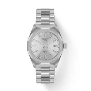 Questa è l'immagine frontale dell'orologio tissot prc 100 solar con quadrante argento di mm 34