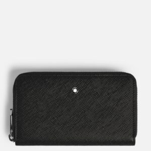 Questa è l'immagine frontale del portafoglio medio con cerniera e 12 scomparti di montblanc nel pellame sartorial nero