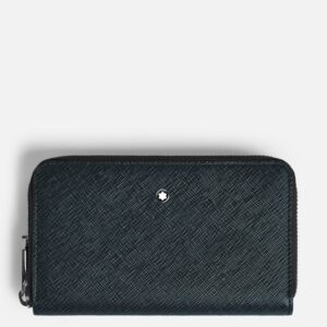 Questa è l'immagine frontale del portafoglio medio con cerniera e 12 scomparti di montblanc nel pellame sartorial nero/Blu