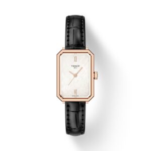 Questa è l'immagine frontale dell'orologio tissot srv 30 mm con trattamento pvd rosa e cinturino in pelle nero