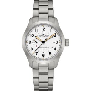 questa è l'immagine frontale dell'orologio hamilton Khaki Field Mechanical Power Reserve 40mm con quadrante di colore bianco e cinturino acciaio