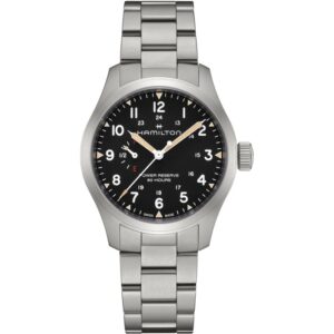 Questa è l'immagine frontale dell'orologio hamilton khaki field mechanical acciaio con riserva di carica di 40 ore e quadrante nero di mm 40