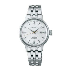 questa è l'immagine frontale dell'orologio seiko presage cocktail con quadrante argento e 4 diamanti. ha una cassa di mm 30 e un movimento automatico