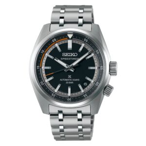 Questa è l'immagine frontale dell'orologio seiko prospex speedtimer automatico, reinterpretazione del panda, con quadrante nero