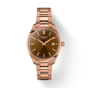 Questa è l'immagine frontale dell'orologio tissot pr 100 con quadrante marrone di mm 34 e rivestito in pvd oro rosa