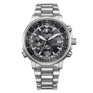Questa è l'immagine frontale dell'orologio citizen radiocontrollato crono pilot con quadrante di mm 41