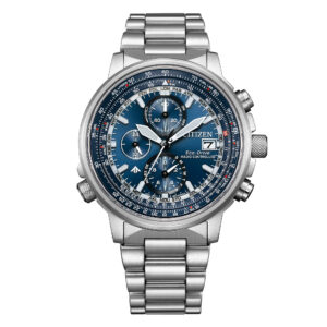 Questa è l'immagine frontale dell'orologio citizen Radiocontrollato Crono Pilot Acciaio 41mm con quadrante blu