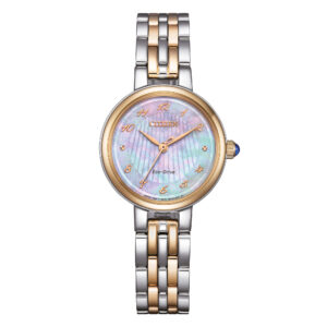 Questa è l'immagine frontale dell'orologio citizen lady con mareperla rosa e acciaio e acciaio rosato