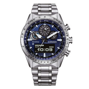Questa è l'immagine frontale dell'orologio citizen promaster skyhawk con quadrante blu di mm 43