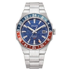 Questa è l'immagine frontale dell'orologio citizen Series 8 880 GMT Mechanical con quadrante blu e ghiera blu/Rossa
