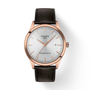 Questa è l'immagine frontale dell'orologio tissot classic dream powermatic 80 con cassa in pvd rosa e cinturino pelle con una cassa di mm 40