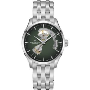 WQuesta è l'immagine frontale dell'ortologio hamilton jazzmaster open heart con quadrante di colore verde, mm 40 e movimento automatico