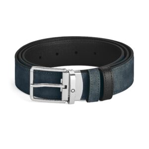 Questa è l'immagine frontale della cintura montblanc in pelle reversibile blu velluto e nera, con un'altezza di mm 35