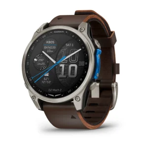Questa è l'immagine frontale dell'orologio garmin d2 mach 2 47 mm amoled cassa in titanio e cinturino in pelle marrone