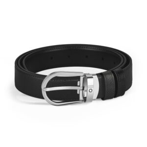 Questa è l'immagine frontale della cintura reversibile di montblanc in pelle saffiano nera e pelle liscia nera