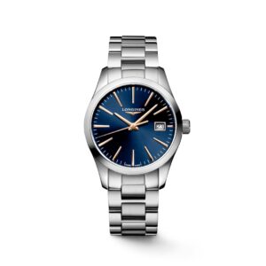 Questa è l'immagine frontale dell'orologio longines conquest classic con movimento al quarzo e quadrante di mm 34, colore blu