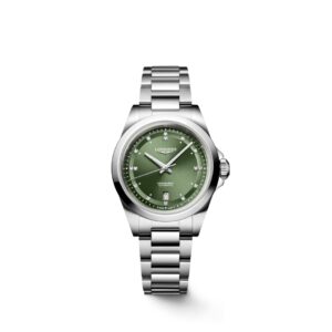 Quest aè l'immagine frontale dell'orologio longines conquest sunray green con diamanti come indici, cassa di mm 30 e movimento automatico