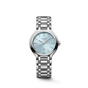 Questa è l'immagine frontale dell'orologio longines primaluna con quadrante blu menta e diamanti con movimento al quarzo e cassa di mm 30