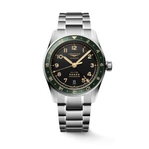 Questa è l'immagine frontale dell'orologio longines spirit zulu con quadrante antracite e ghiera verde con una cassa di mm 41