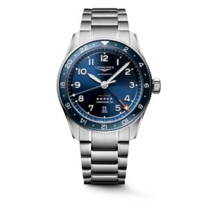 Questa è l'immagine frontale dell'orologio longines spirit zulu time con quadrante blu, movimento automatico, cassa di mm 42 e certificato COSC