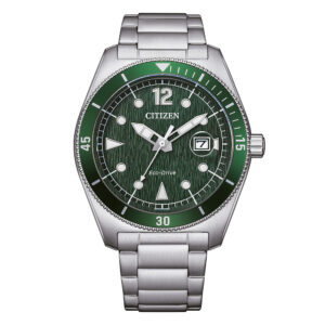 Questa è l'immagine frontale dell'orologio citizen of marine sport con quadrante verde e cassa di mm 42