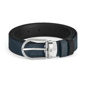 qUESTA è L'IMMAGINE FRONTALE DELLA CINTURA REVERSIBILE DI MONTBLANC NERA E IN PELLE VELLUTO BLU