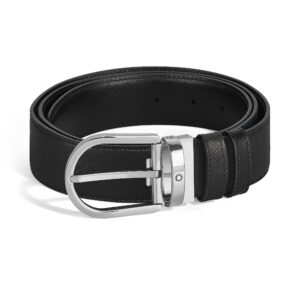 Questa è l'immagine frontale della cintura reversibile di montblanc horseshoe 35 mm in pelle sartorial e meisterstuck, entrambe nere