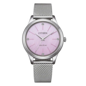 Questa è l'immagine frontale dell'orologio citizen of lady casual con quadrante di colore rosa e cinturino mesh