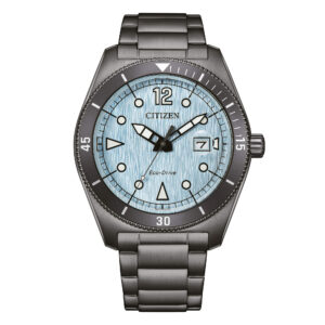 Questa è l'immagine frontale dell'orologio citizen of marine con finitura grey e quadrante turquoise