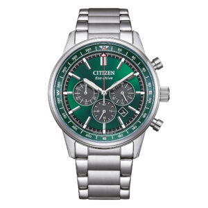Questa è l'immagine frontale dell'orologio citizen crono con quadrante verde e movimento eco drive