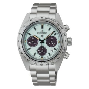 Questa è l'immagine frontale dell'orologio seiko prospex speedtimer solar chrono con quadrante verde menta