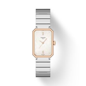 Questa è l'immagine frontale dell'orologio tissot srv von quadrante in madreperla e cassa acciaio e acciaio con pvd rosa con una cassa di mm 30x21.80